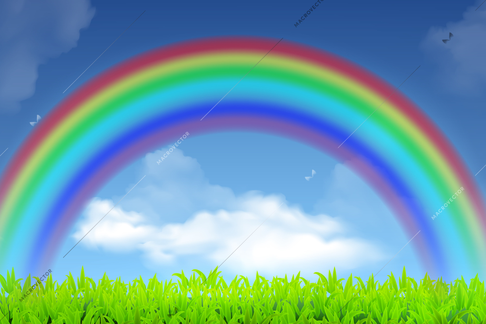Beautiful rainbow summer landscape on background with green lawn and blue sky with clouds realistic vector illustration