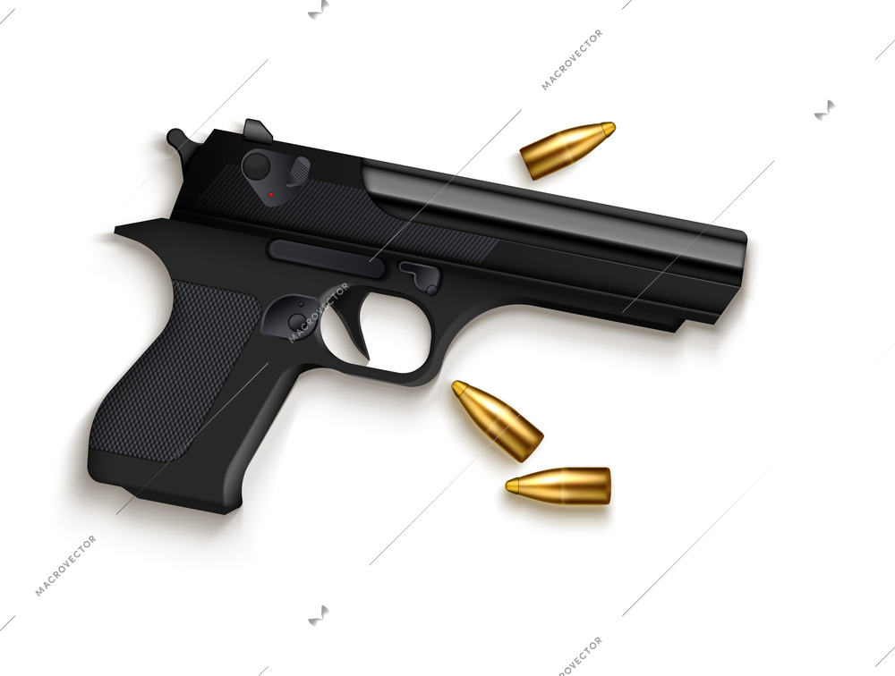 Pistol gun and cartridges realistic composition with isolated images of service weapon and few golden bullets vector illustration