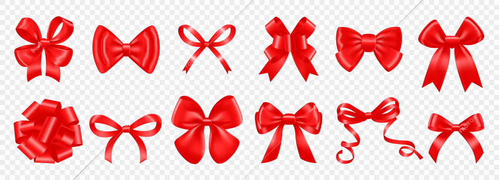 Realistic bow ribbon color set of isolated icons red bows of different shape on transparent background vector illustration