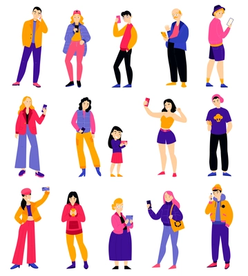 Set with isolated people smartphones color icons with doodle style human characters holding phones making selfies vector illustration