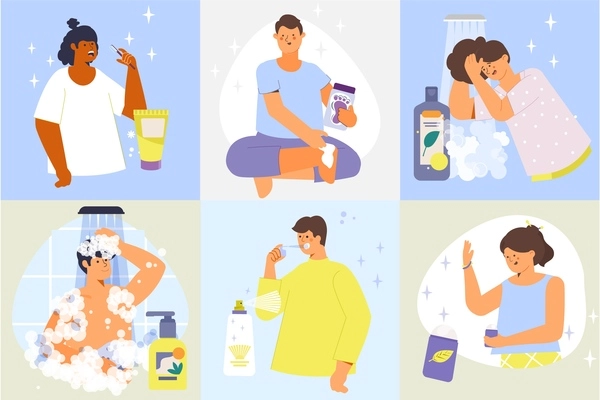 Body odor set with square compositions of flat human characters and icons of shampoo and deodorant vector illustration