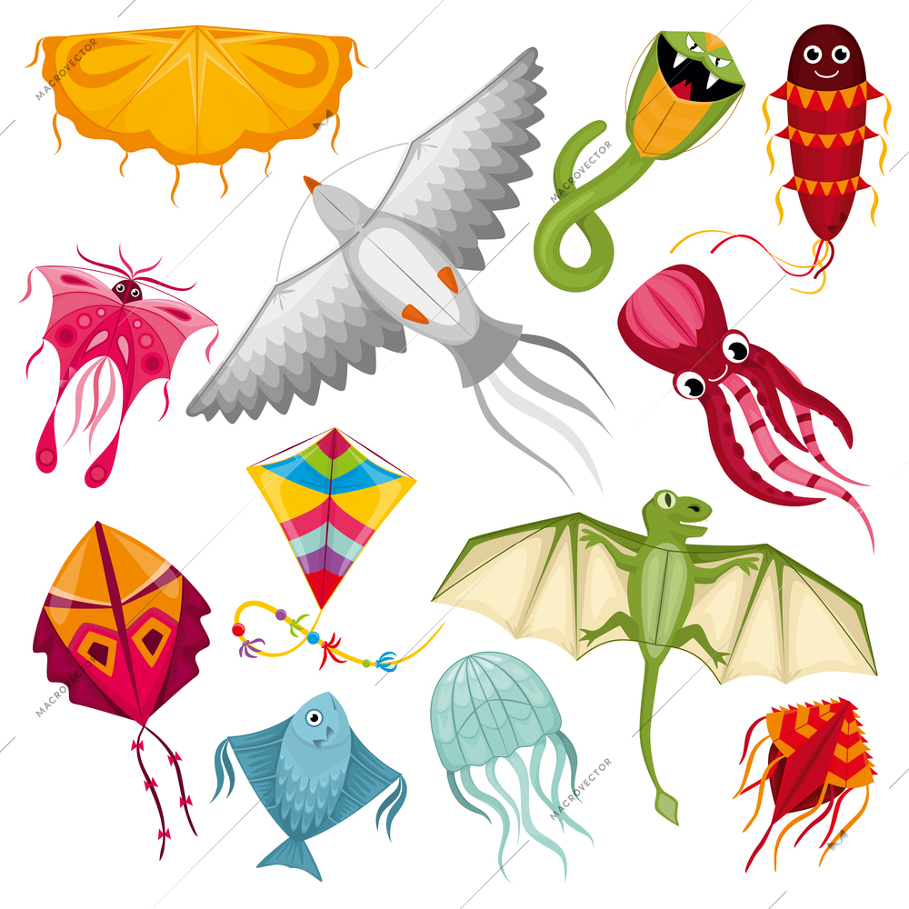 Cartoon wind kites of fairy tale characters shape colored set isolated  on white background flat vector illustration