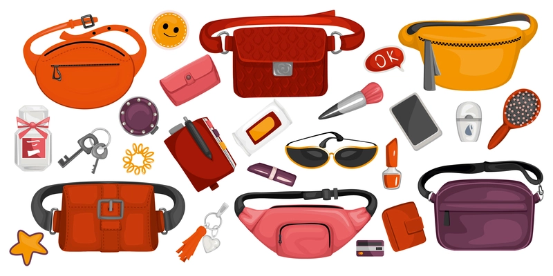 Trendy waist bags and their contents including comb glasses keys purse cosmetic bag smartphone colored set isolated vector illustration