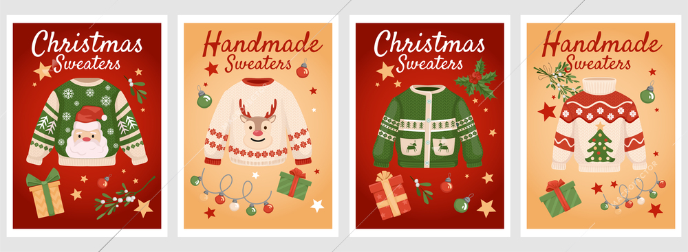 Handmade christmas sweaters poster set with four vertical compositions of ornate text gift icons and clothes vector illustration