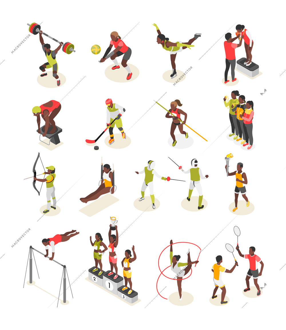 International olympic day isometric recolor set of isolated human characters of athletes performing with sport equipment vector illustration