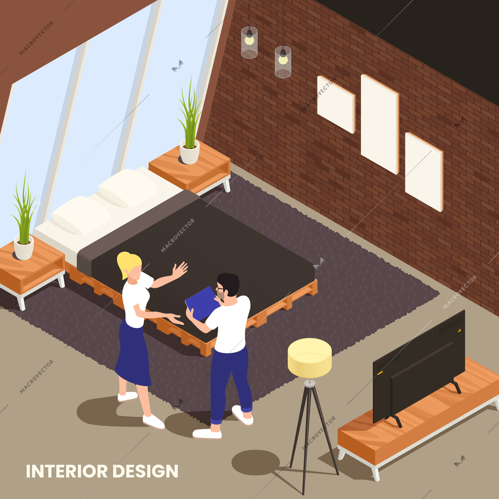 Interior designer discussing with client bedroom remodeling decoration defying customer style and preferences isometric composition vector illustration
