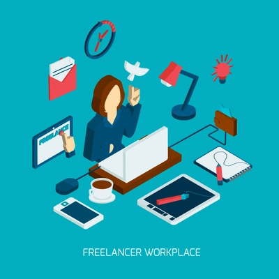 Freelance workplace isometric concept with freelancer laptop and business gadgets vector illustration