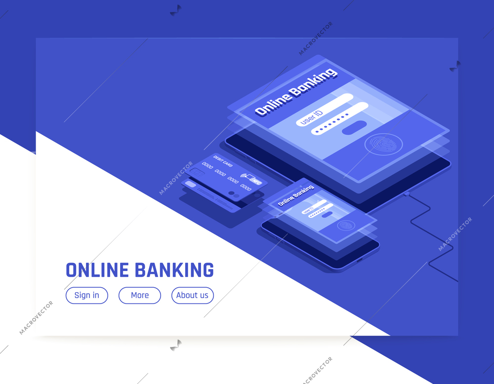 Online banking isometric webpage banner white blue background design with login template service info buttons vector illustration