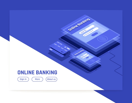 Online banking isometric webpage banner white blue background design with login template service info buttons vector illustration