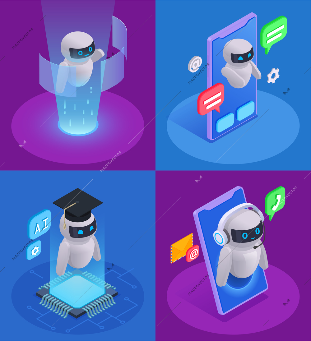 Chatbot messenger design set with technical support symbols isometric isolated vector illustration