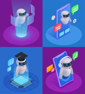 Chatbot messenger design set with technical support symbols isometric isolated vector illustration