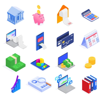 Accounting and financial audit icons set with banking symbols isometric isolated vector illustration