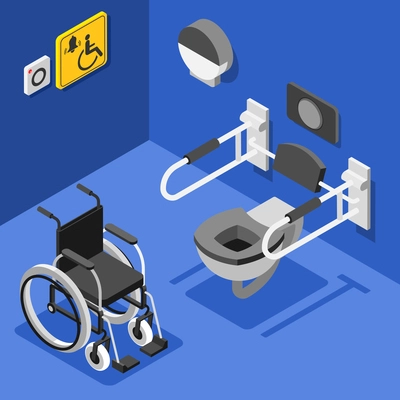 Accessible environment composition with wheelchair and public restroom equipped for disabled people on blue background 3d isometric vector illustration