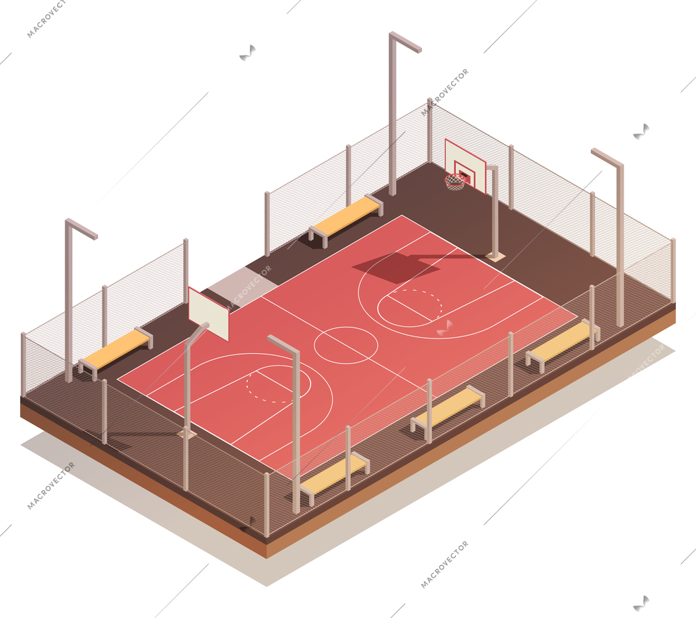 Basketball isometric composition with isolated view of street hardwood with benches lamp posts and marked court vector illustration