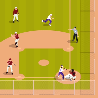 Baseball isometric composition with top view of ball field with human characters of players and referee vector illustration