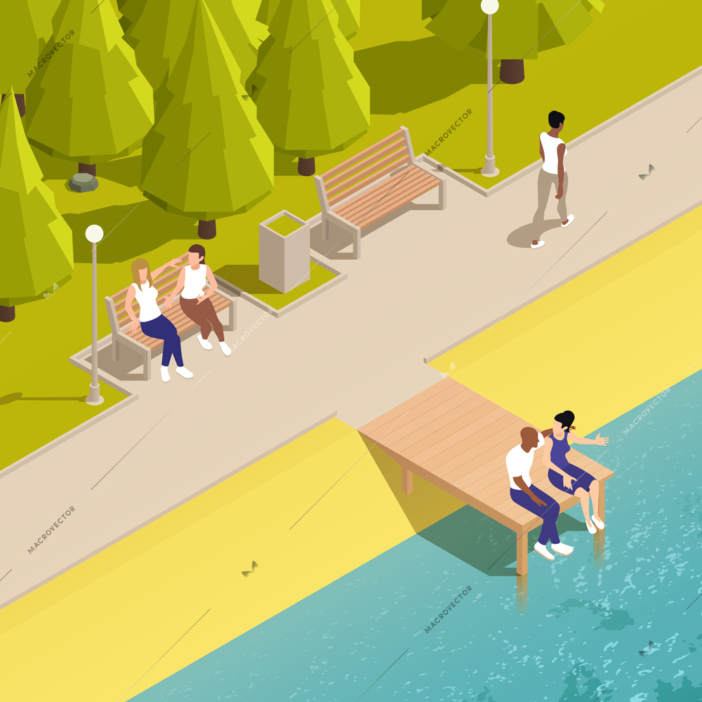 Sitting people isometric composition of urban riverwalk scenery with people relaxing on benches and wooden footbridge vector illustration