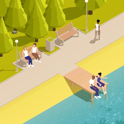 Sitting people isometric composition of urban riverwalk scenery with people relaxing on benches and wooden footbridge vector illustration