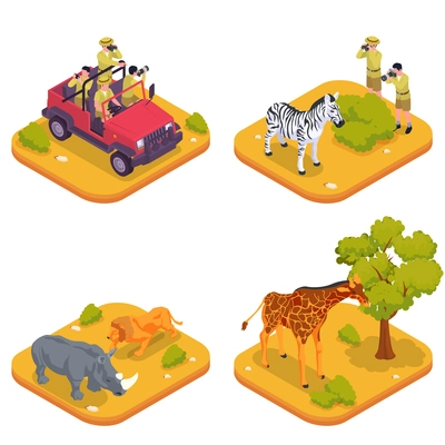 Safari colored isometric icon set isolated square compositions with tourists in a jeep photographing a giraffe and animals in the wild vector illustration