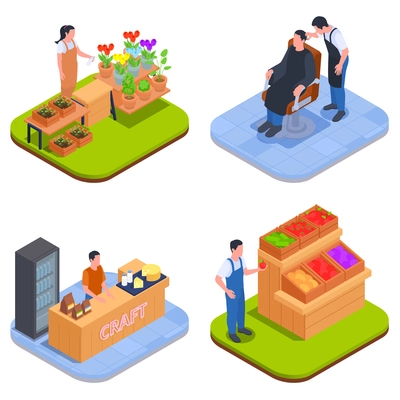 Isometric small business owner family business icon set four square compositions with vegetable and fruit seller flower vendor coffee shop employee and hairdresser vector illustration