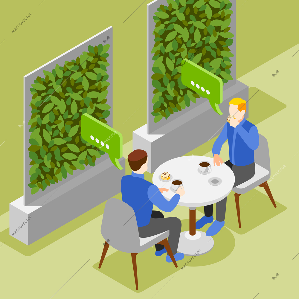 Two man over cup of coffee at round table drinking and talking colored background isometric vector illustration