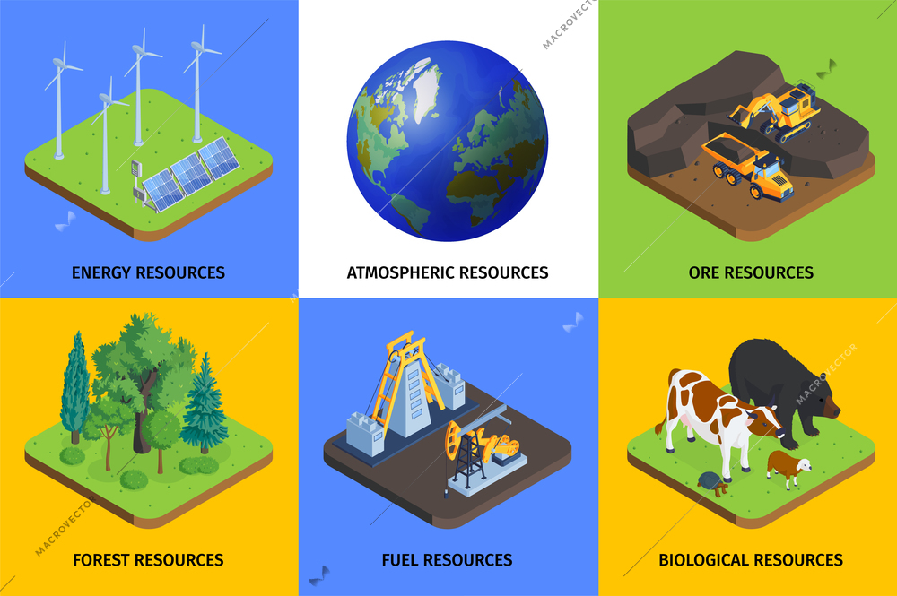 Natural resources concept 6 colorful background isometric compositions set with green energy oil ore livestock vector illustration