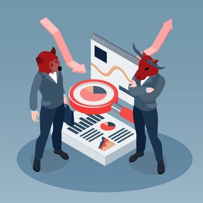 Isometric investment composition with icons of paperwork arrows and radial chart with clerks wearing animal masks vector illustration