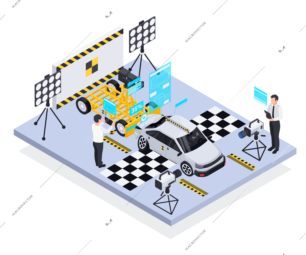 Crash test car safety isometric composition with view of test track with workers and holographic data vector illustration