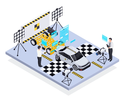 Crash test car safety isometric composition with view of test track with workers and holographic data vector illustration