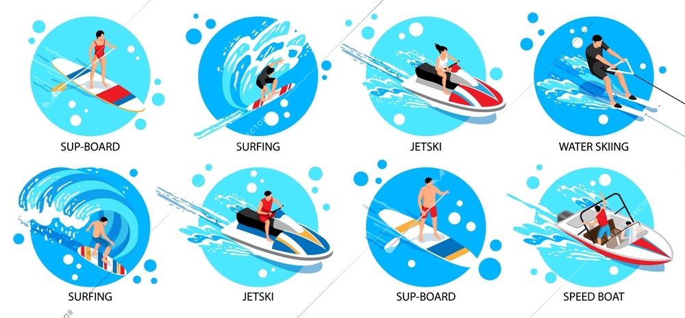 Watersport isometric set with surfing and jetski symbols isolated vector illustration