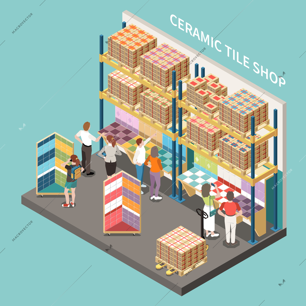 Ceramic tile shop isometric background with buyers choosing tile design for repair of their apartment vector illustration