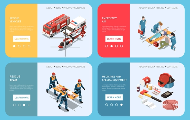 Rescuers isometric set of landing pages rescue vehicle emergency aid medicines and special equipment vector illustration