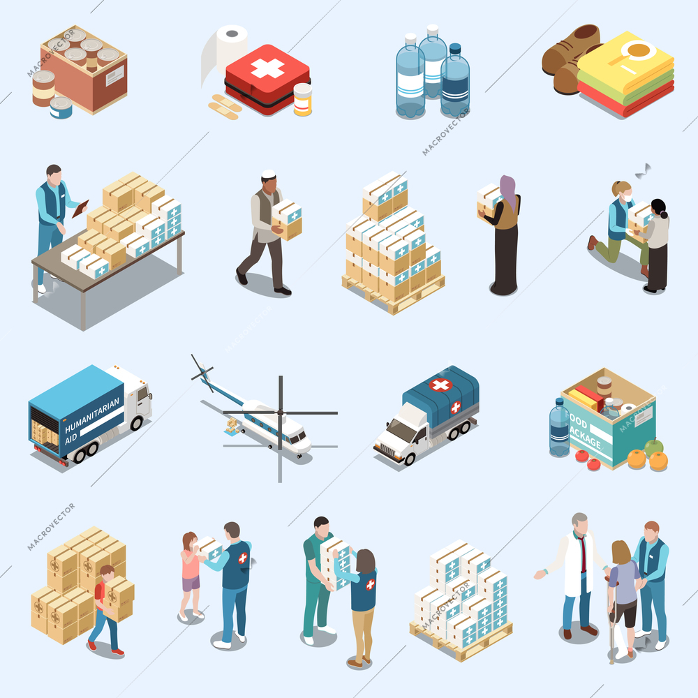 Humanitarian aid isometric set of volunteers and vehicles delivering food clothes and medicine for basic needs to refugees and survivors in war vector illustration