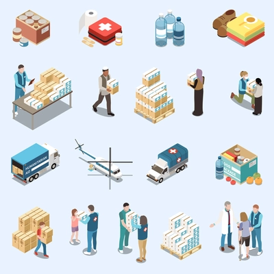 Humanitarian aid isometric set of volunteers and vehicles delivering food clothes and medicine for basic needs to refugees and survivors in war vector illustration