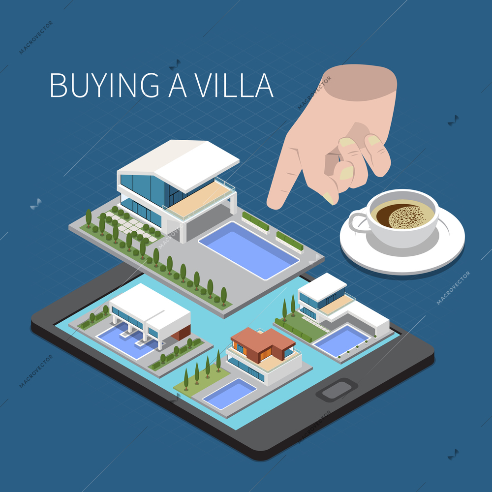 Buying villa isometric composition with human hand pointing finger at selected object vector illustration