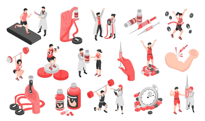 Isometric doping in sports 3d set with types of anabolic steroids and human characters of athletes isolated vector illustration