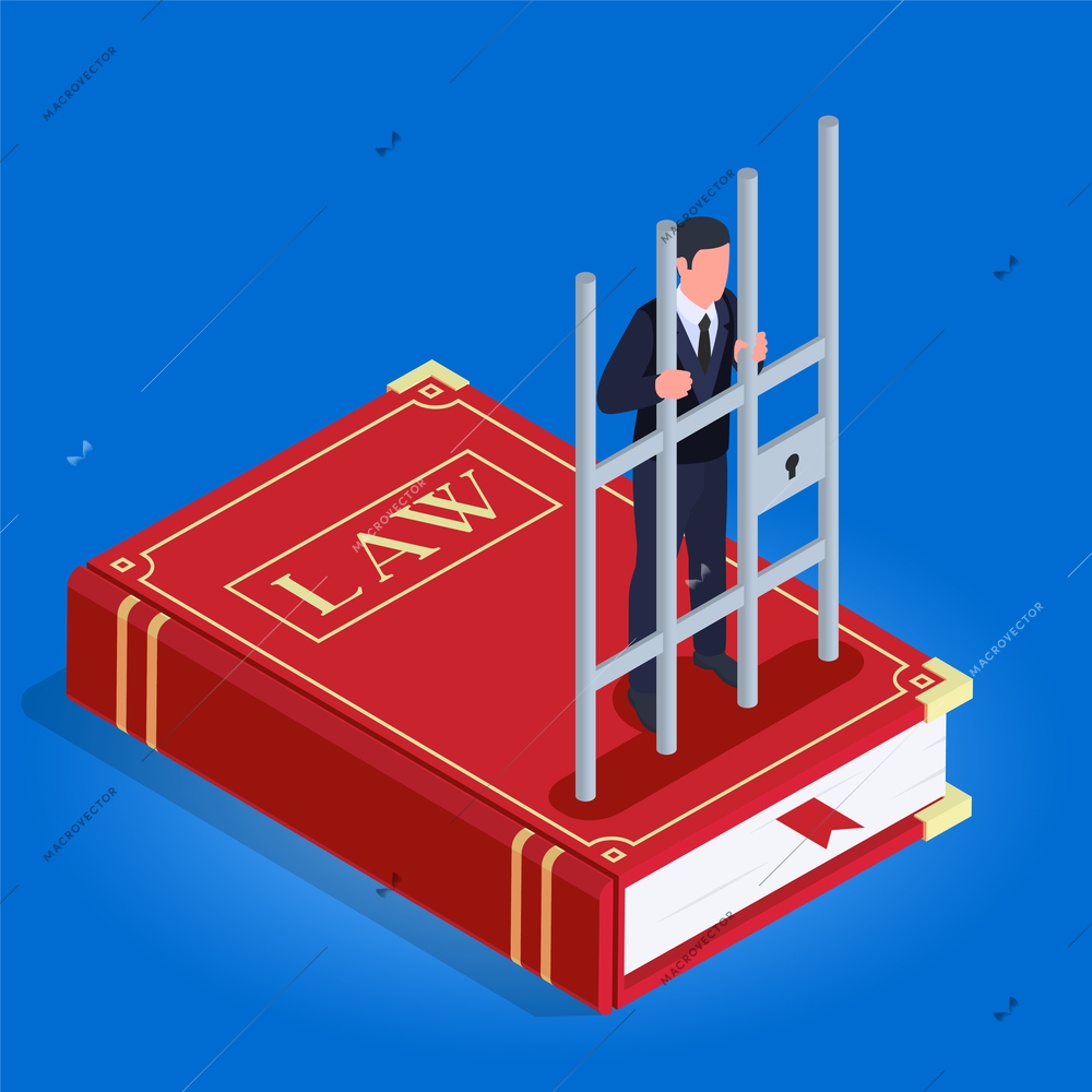 Corruption bribery money laundering isometric background with convicted criminal behind bars stands on law book vector illustration