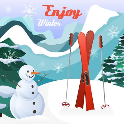 Winter landscape poster with smowman ski and mountains on background vector illustration