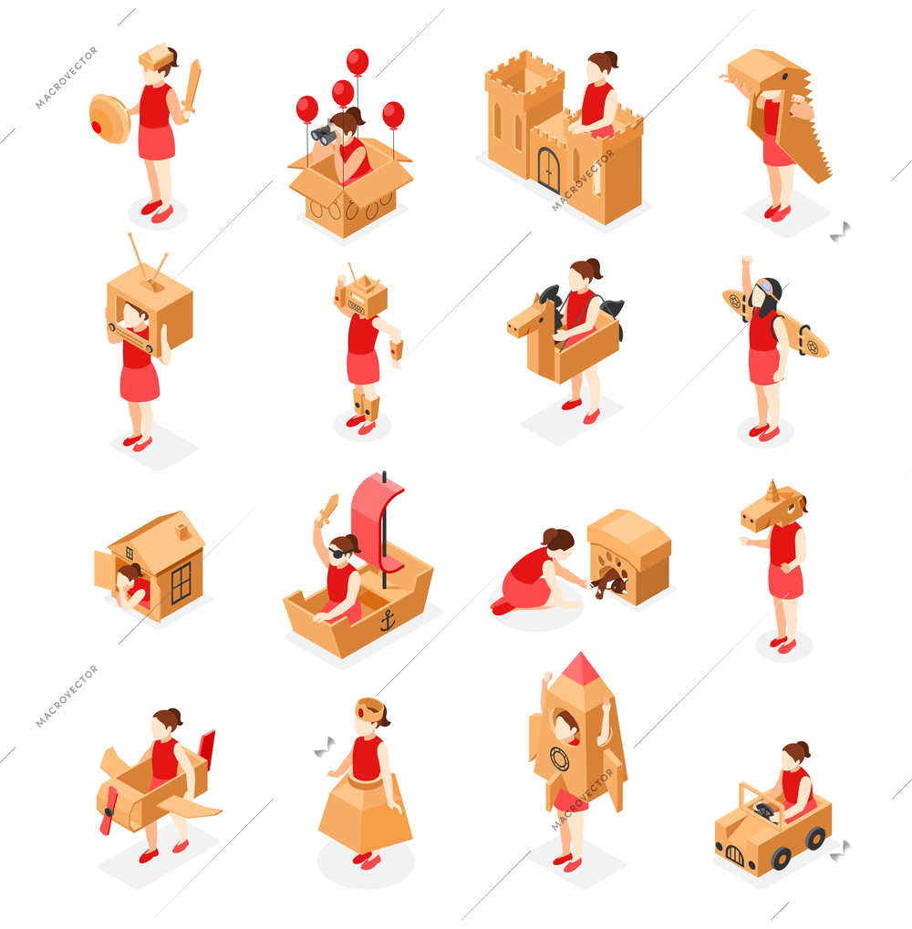 Cardboard toys icons set with child playing symbols isometric isolated vector illustration