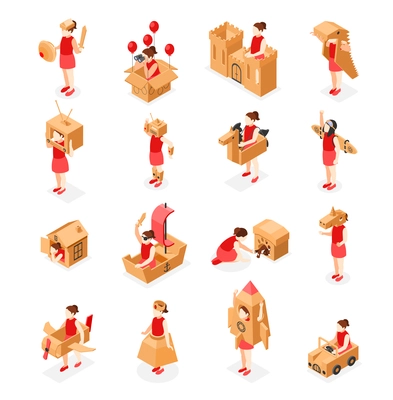 Cardboard toys icons set with child playing symbols isometric isolated vector illustration