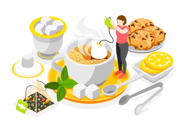 Tea day concept with teabag lemon and sugar isometric vector illustration