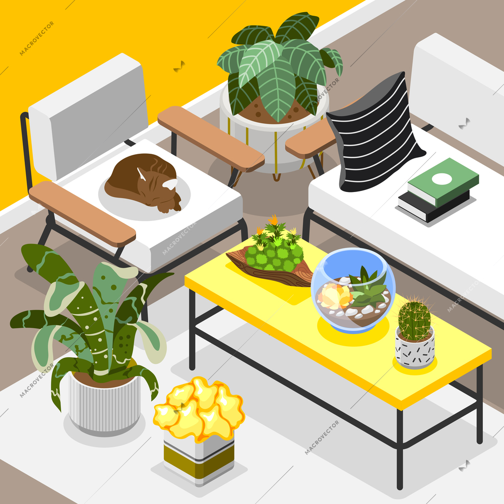 Florarium background with houseplants cat and interior decoration isometric vector illustration