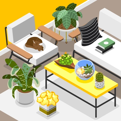 Florarium background with houseplants cat and interior decoration isometric vector illustration