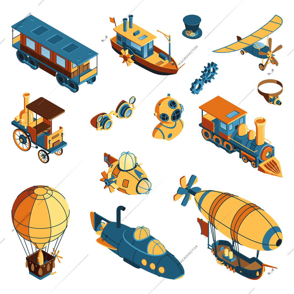 Retro isometric icons set in steampunk style with vintage car aircraft wagon aerostat  submarine zeppelin isolated vector illustration