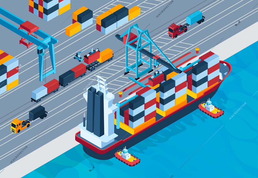 Marina isometric colored background with ship loaded with goods in containers  vector illustration