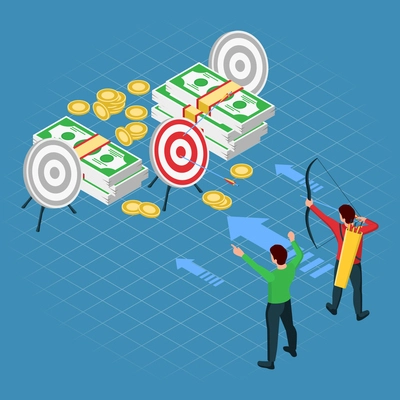 Shooting range isometric concept abstract situation archer hits targets behind which there are bundles of money vector illustration