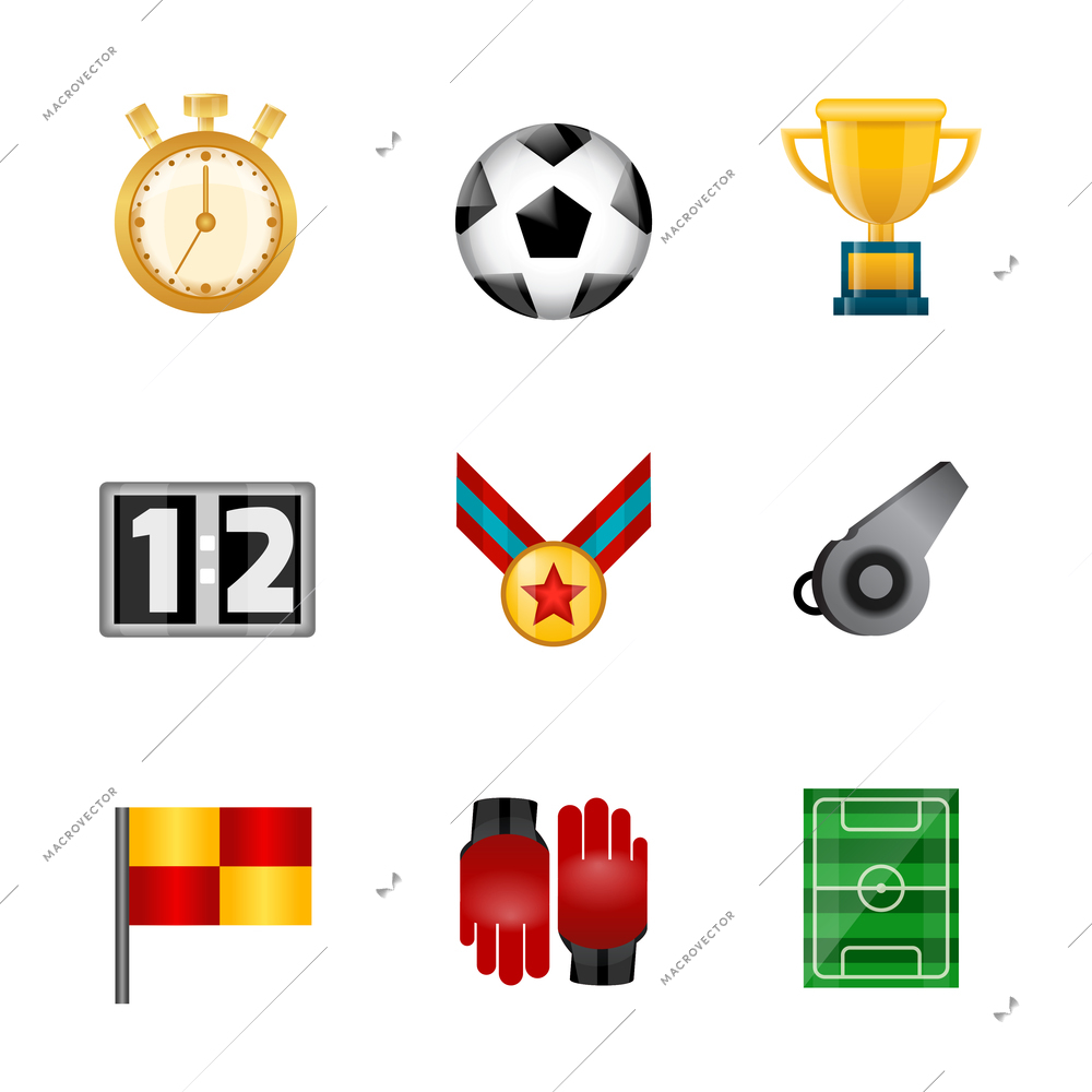 Soccer realistic icons set with stopwatch football ball victory cup isolated vector illustration