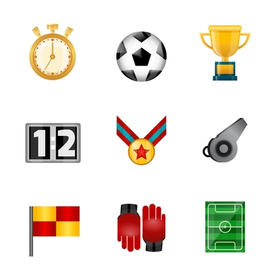 Soccer Icons Set Vector. Soccer Accessories. Ball, Uniform, Cup, Boots,  Scoreboard, Field. Isolated Flat Cartoon Illustration Stock Vector by  ©pikepicture 194560050