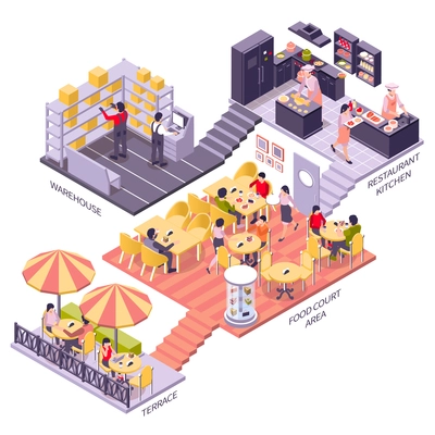 Restaurant cafe isometric infographics 3d scheme of restaurant warehouse kitchen food court area and terrace vector illustration