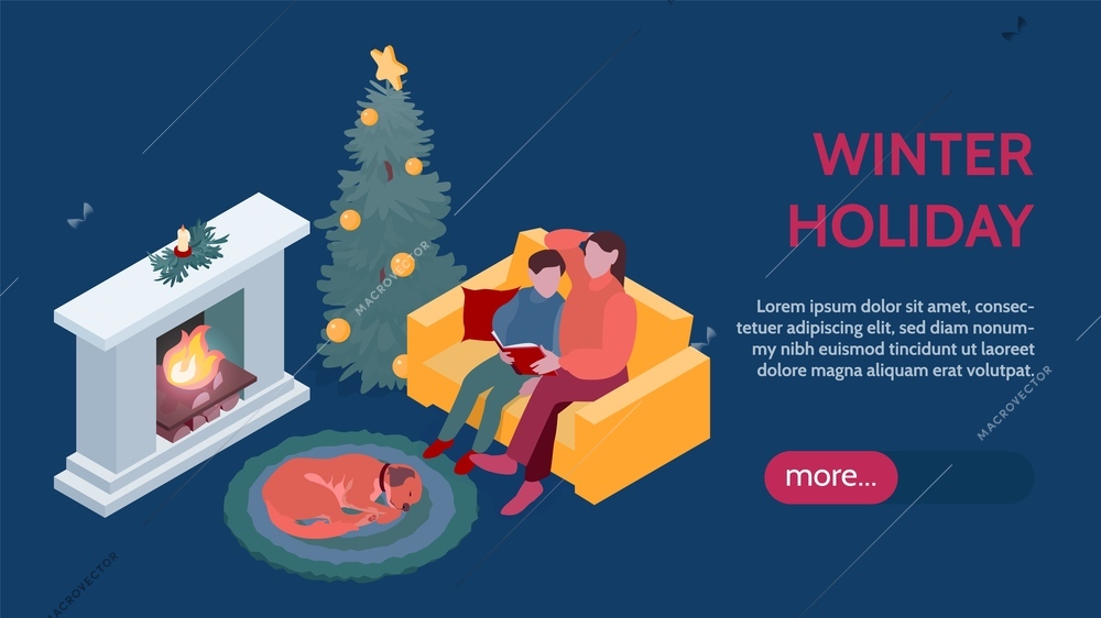 Winter holiday cozy evening horizontal banner with mum and boy reading book near fireplace christmas tree and sleeping dog isometric vector illustration