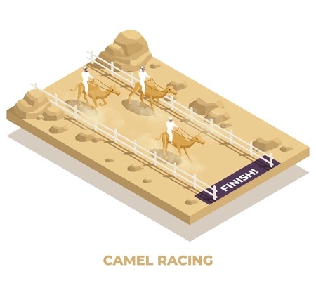 Arab muslims saudi modern isometric people composition with view of race track in desert with camels vector illustration